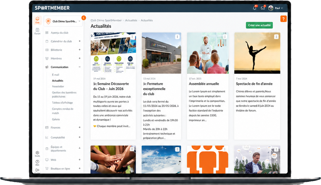 Les actualités du club dans SportMember sur ordinateur